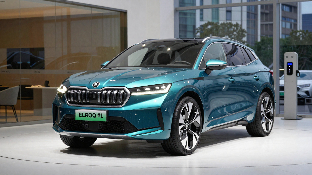 Metallic teal Skoda Elroq electric SUV displayed indoors with charging station in the background.