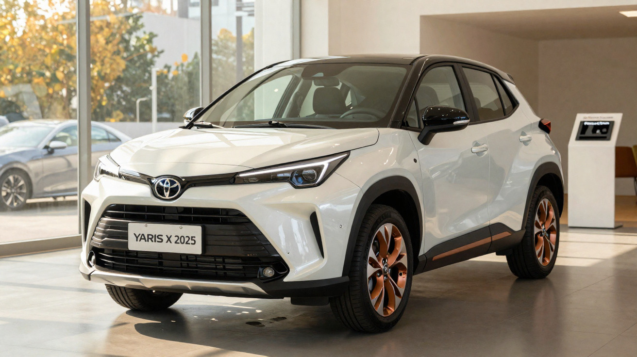 White 2025 Toyota Yaris X compact SUV with black roof displayed indoors in showroom.