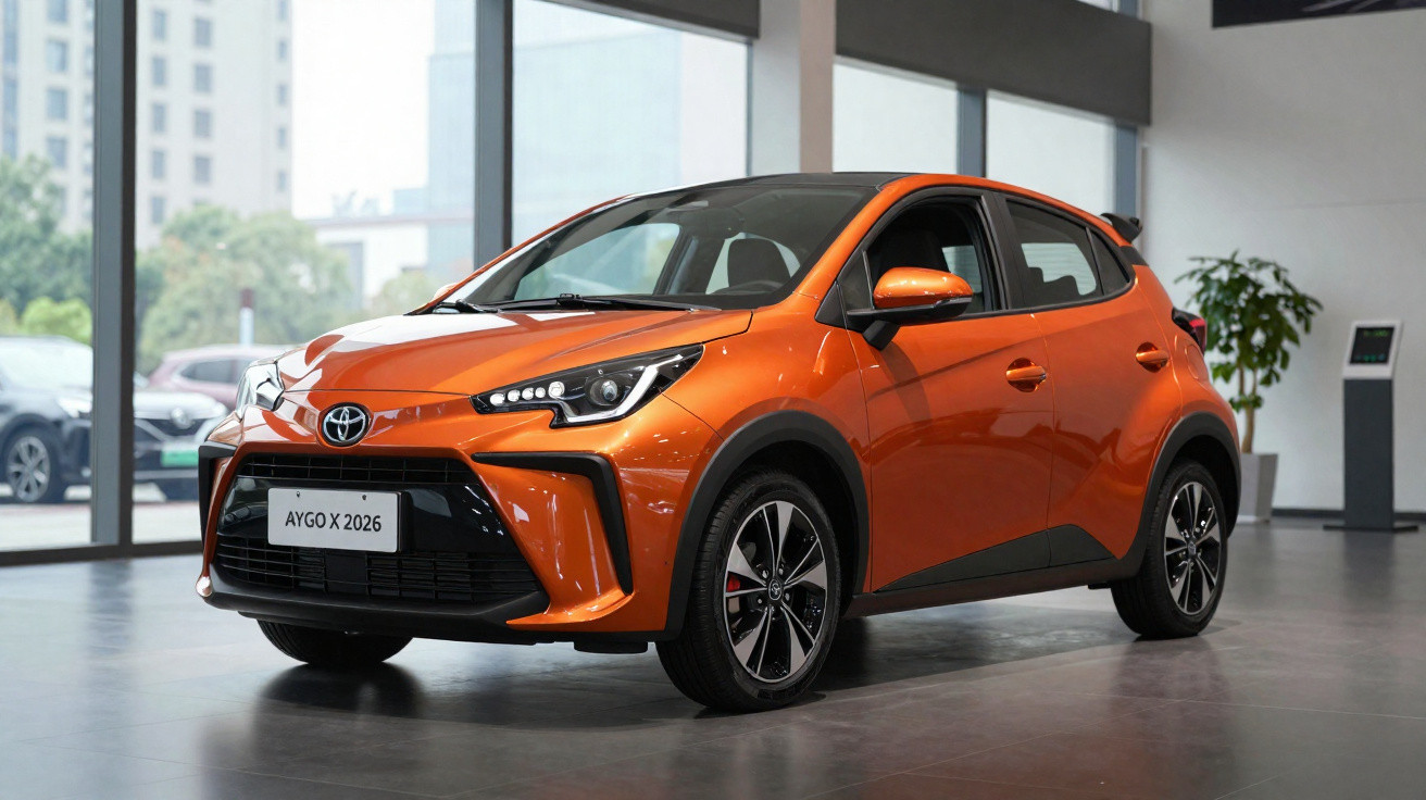 Orange Toyota Aygo X 2026 compact hatchback displayed indoors with large windows and city buildings outside.