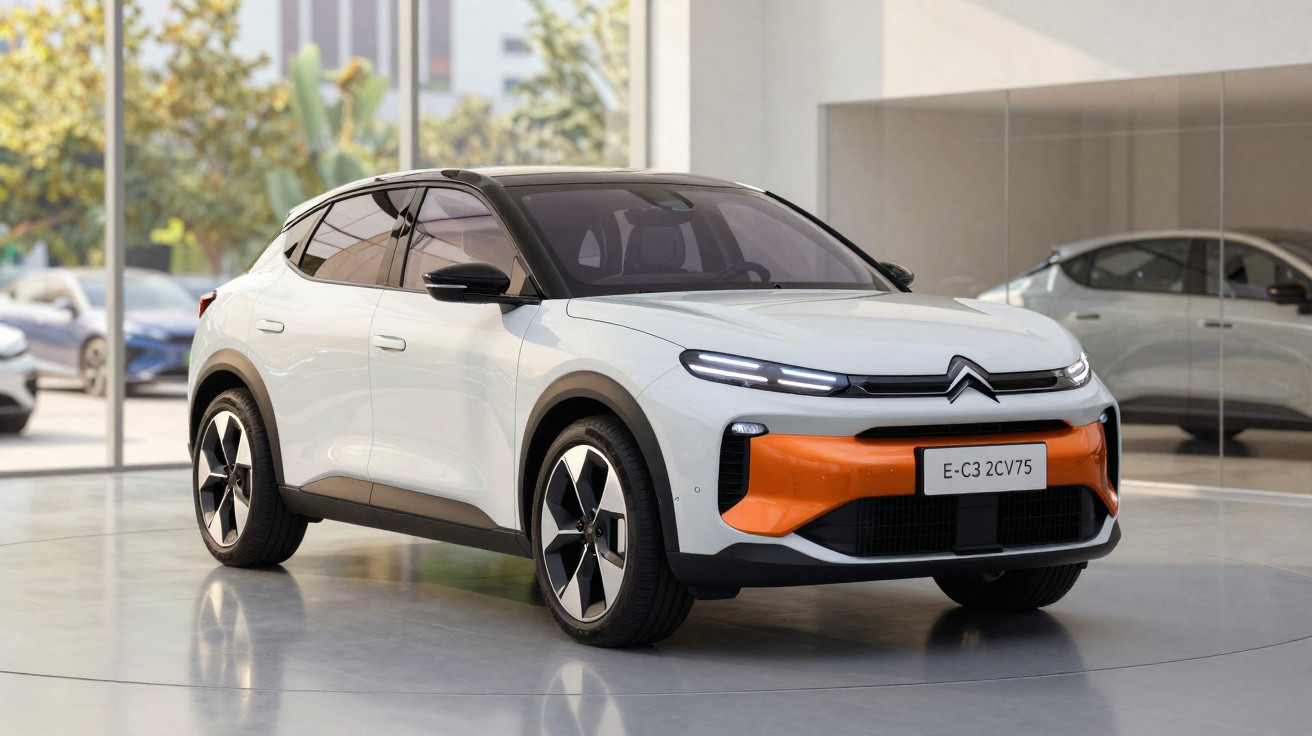 White Citroën electric SUV with orange front panel displayed in a modern showroom.