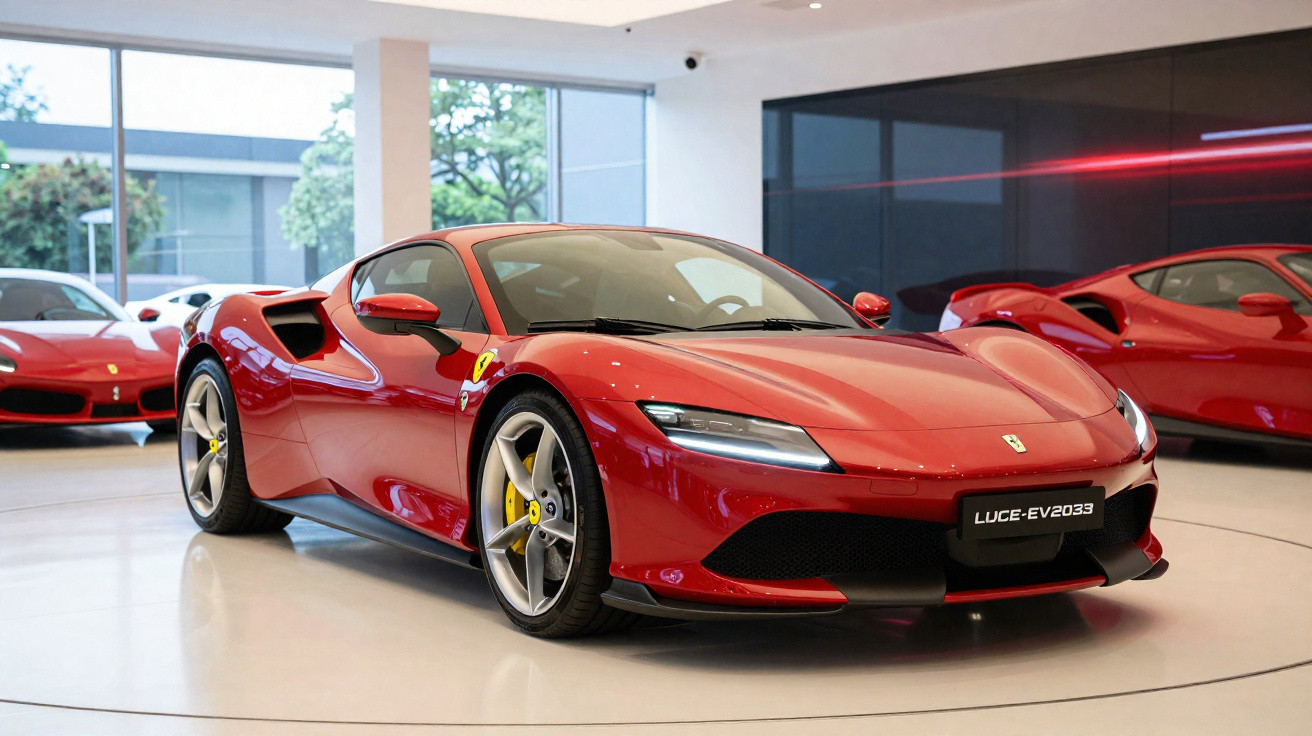 Red Ferrari sports car displayed indoors with sleek design and yellow brake calipers on alloy wheels.