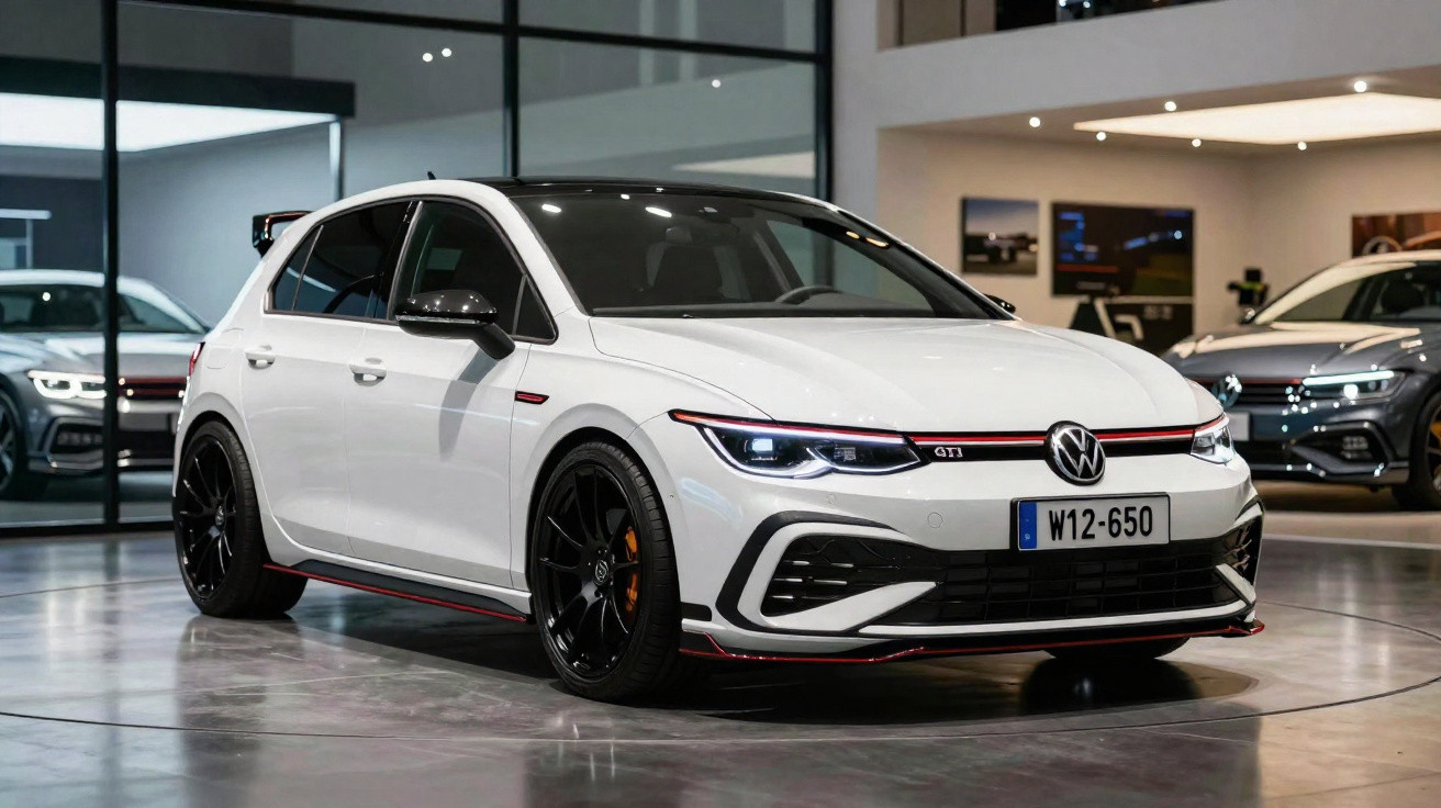 White Volkswagen Golf GTI with black wheels displayed in a modern showroom.