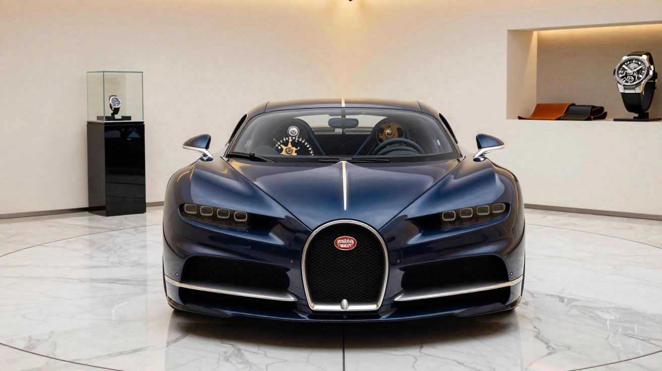 Front view of a dark blue Bugatti Chiron sports car displayed on a shiny marble floor inside a showroom.