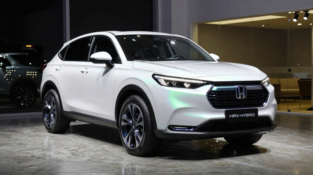 White Honda HR-V Hybrid SUV displayed indoors with sleek modern design and black trim details