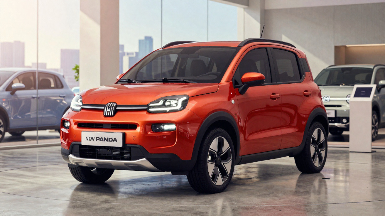 Red Fiat New Panda compact SUV displayed in a modern showroom with other vehicles in the background.