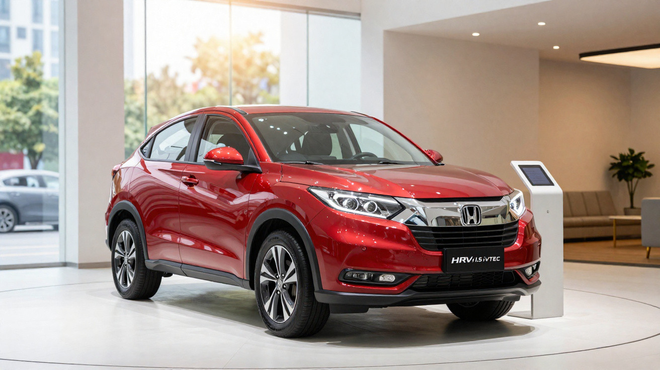 Red Honda HR-V SUV displayed indoors on a white platform with large windows and modern interior background.