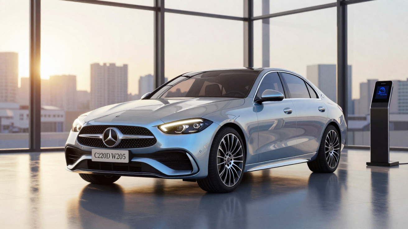 Silver Mercedes-Benz C220D W205 sedan parked inside a modern glass showroom at sunset.