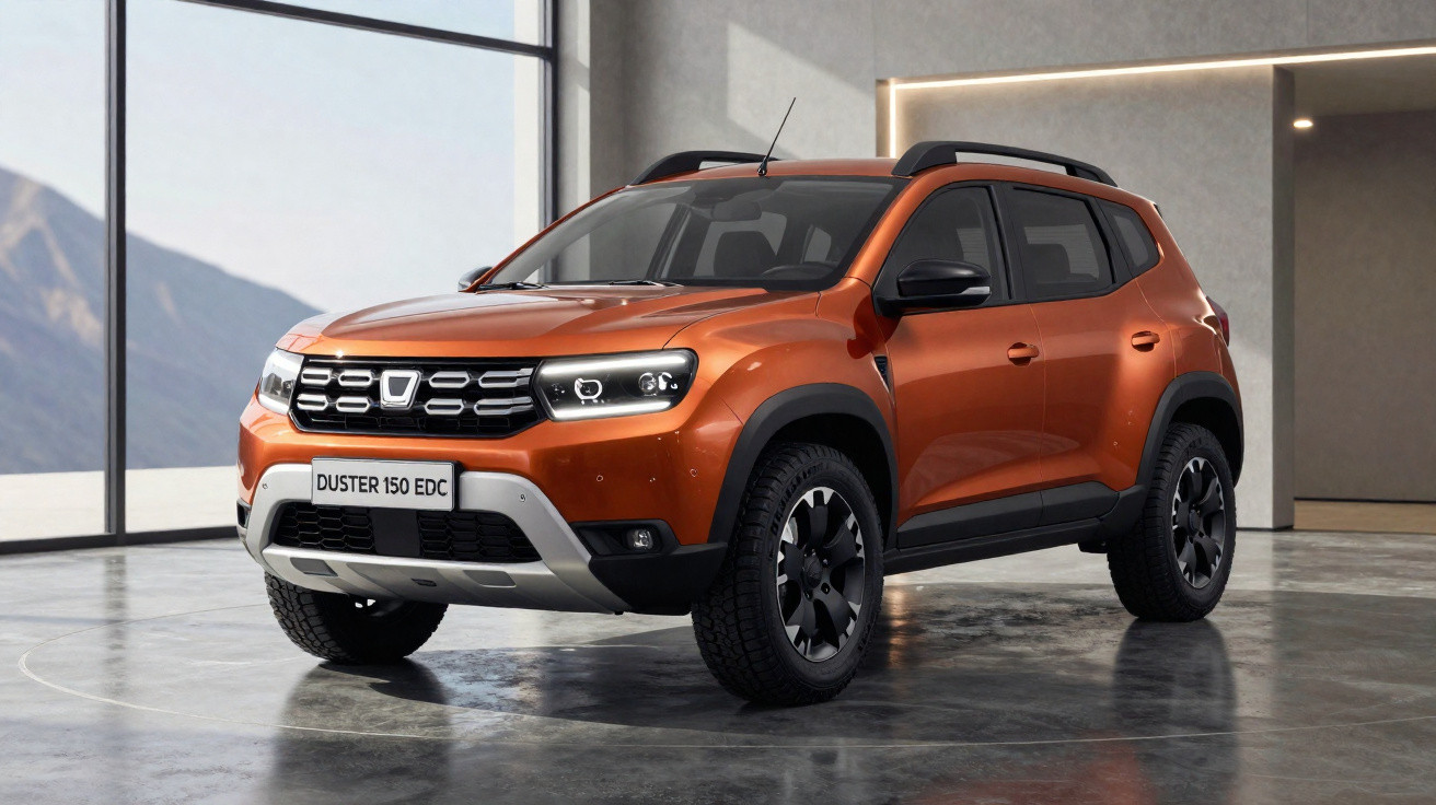 Orange Dacia Duster 150 EDC compact SUV parked indoors with mountain view through large window.