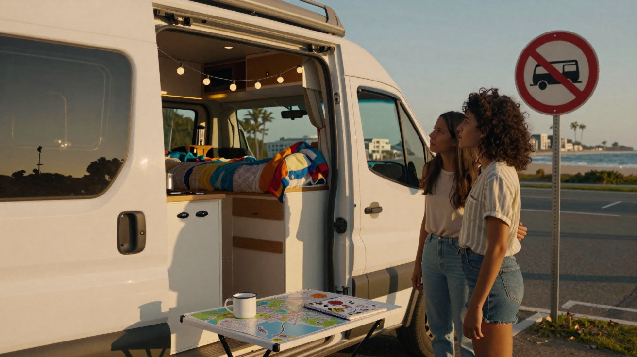 Two women stand beside a white campervan with an open door and a folding table set outside at sunset.