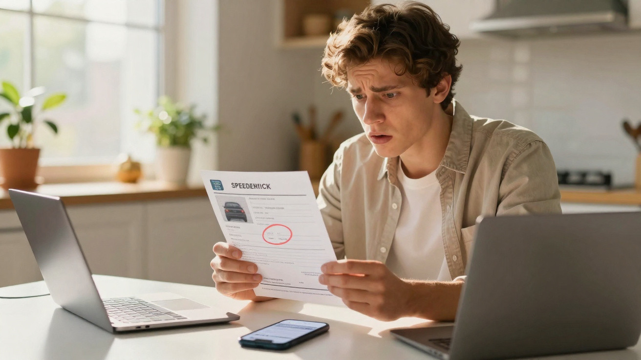 Young man looks worried reading a speeding ticket at a kitchen table with two laptops and a smartphone.