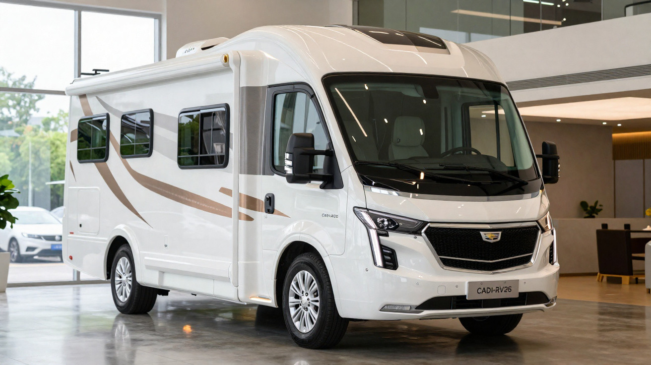 White luxury motorhome with tinted windows displayed indoors on shiny floor.