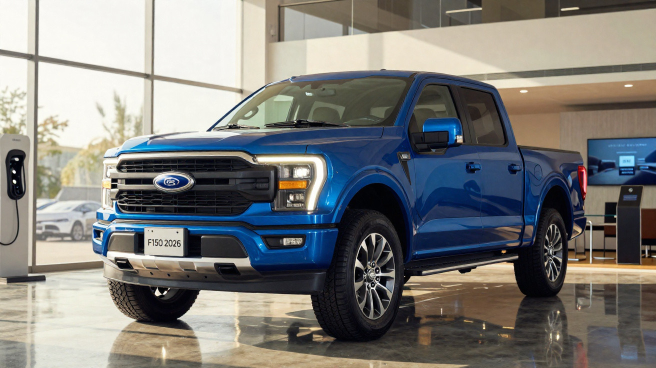 Blue 2026 Ford F-150 pickup truck displayed inside a modern showroom with large windows.