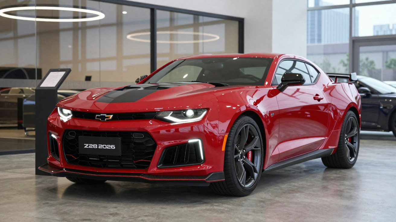 Red Chevrolet Camaro Z28 2026 sports car on showroom floor with black stripes and alloy wheels.