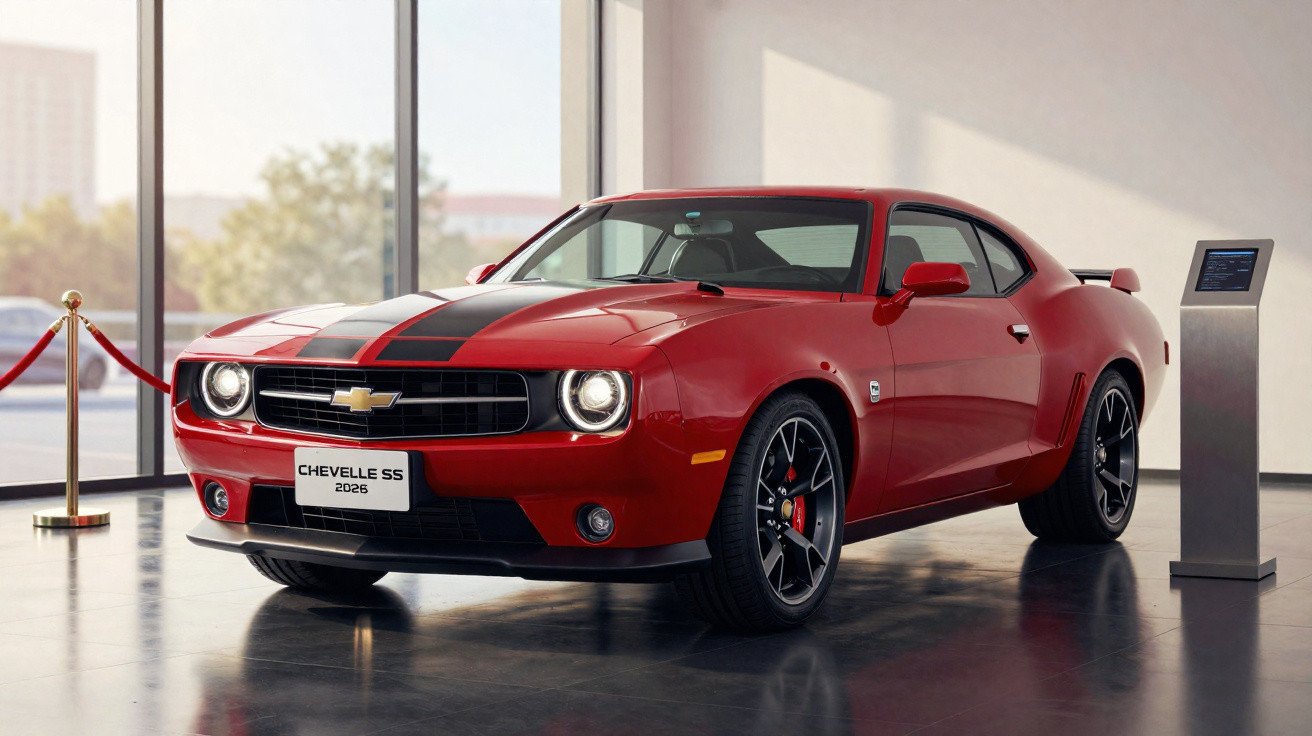 Red Chevrolet Chevelle SS 2026 muscle car with black racing stripes on display in a modern showroom.