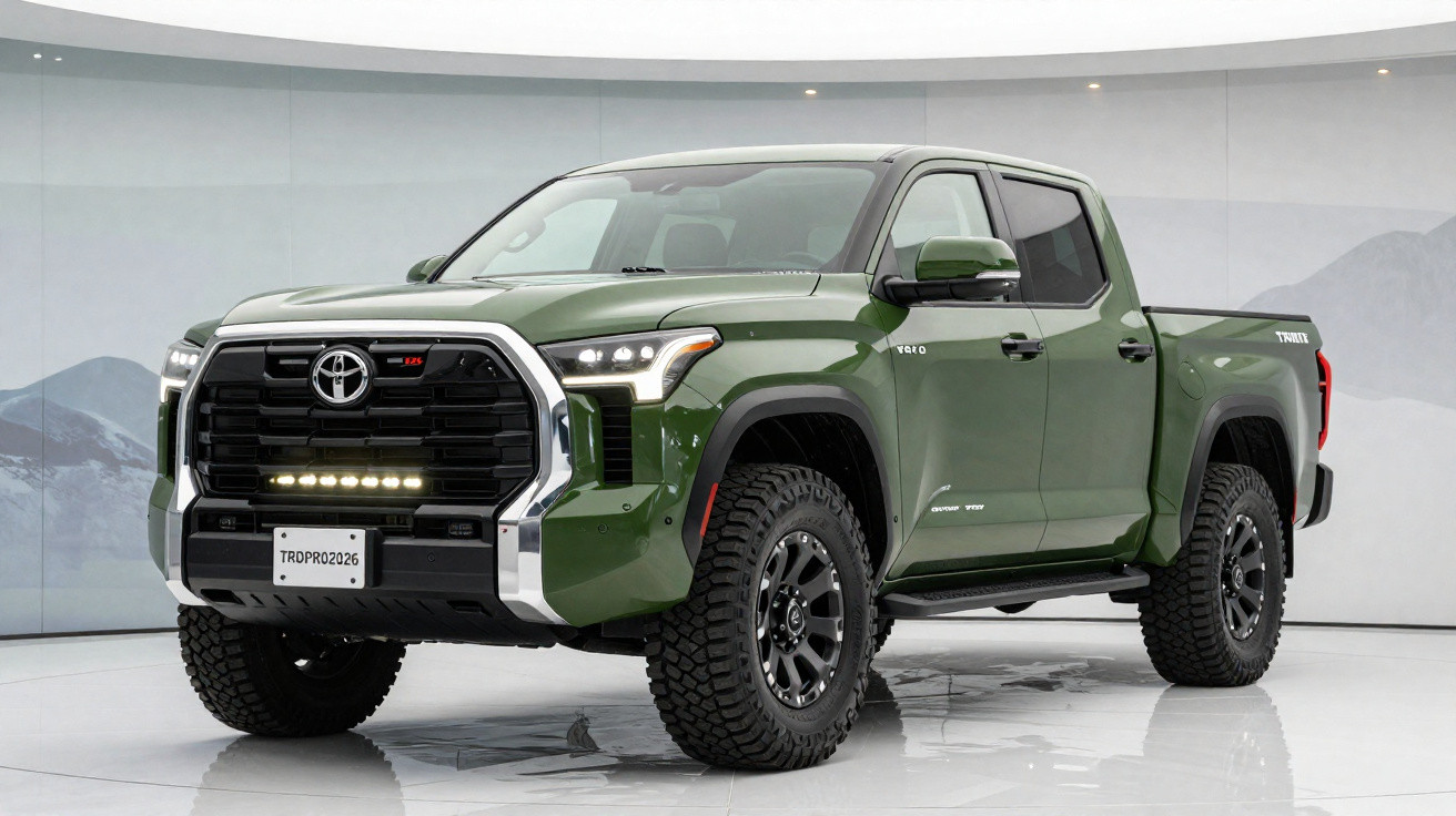 Green Toyota Tundra pickup truck displayed indoors with off-road tyres and LED light bar on the front grille.