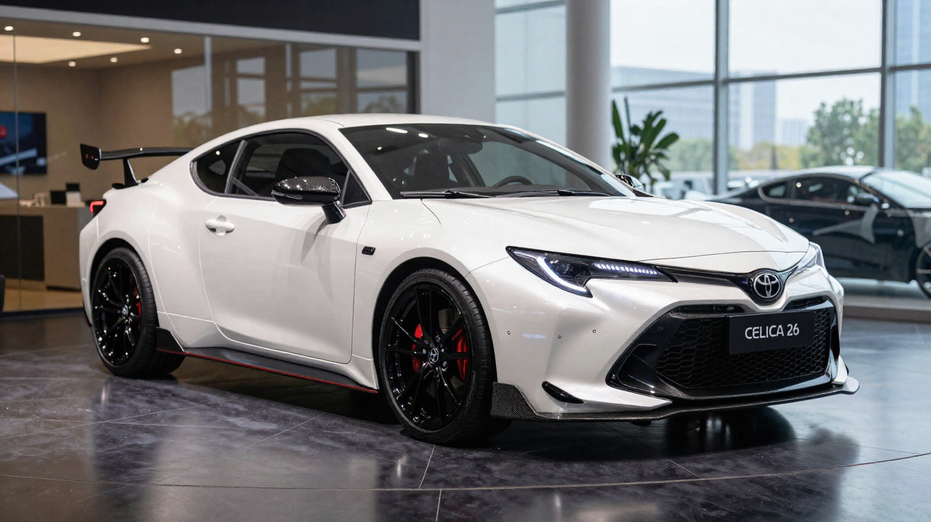 White Toyota Celica 26 sports car with black rims displayed indoors on a polished floor.