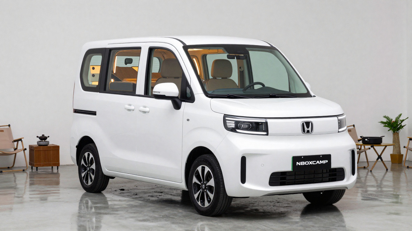 White Honda N-Box Camp compact MPV parked indoors with beige interior and modern clean backdrop.