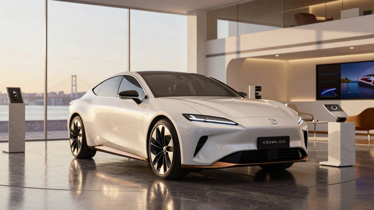 White Toyota Crown 2025 electric car displayed in a modern showroom with large windows and city views.