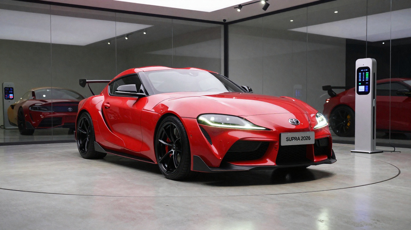 Red 2026 Toyota Supra sports car displayed in modern showroom with glass walls and charging station.