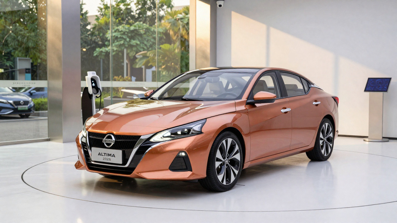 Copper-coloured Nissan Altima 2025 sedan displayed indoors near an electric vehicle charging station.