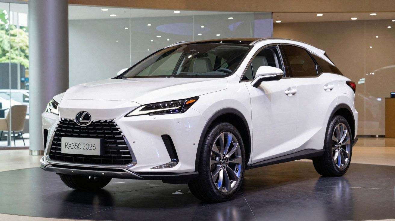 White Lexus RX350 2026 model displayed indoors on a circular platform with modern lighting.