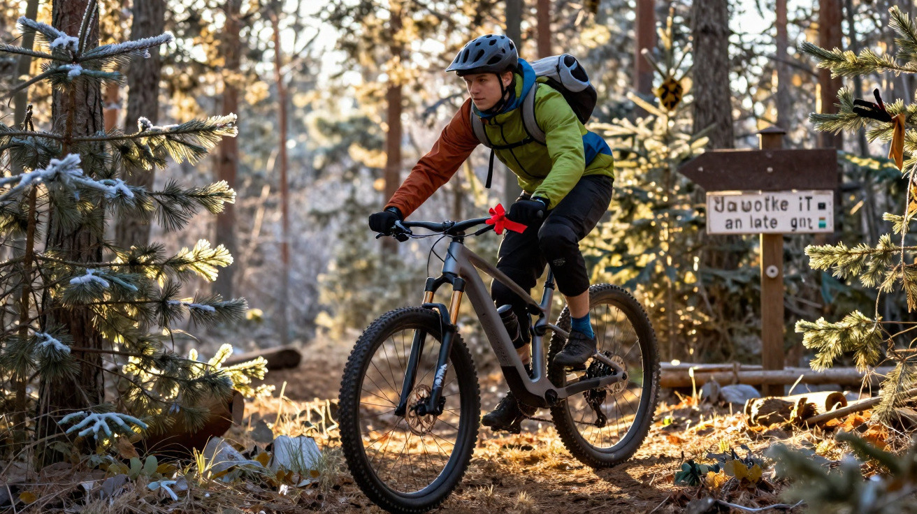 A cyclist wearing a helmet rides a mountain bike on a forest trail with pine trees and dappled sunlight.