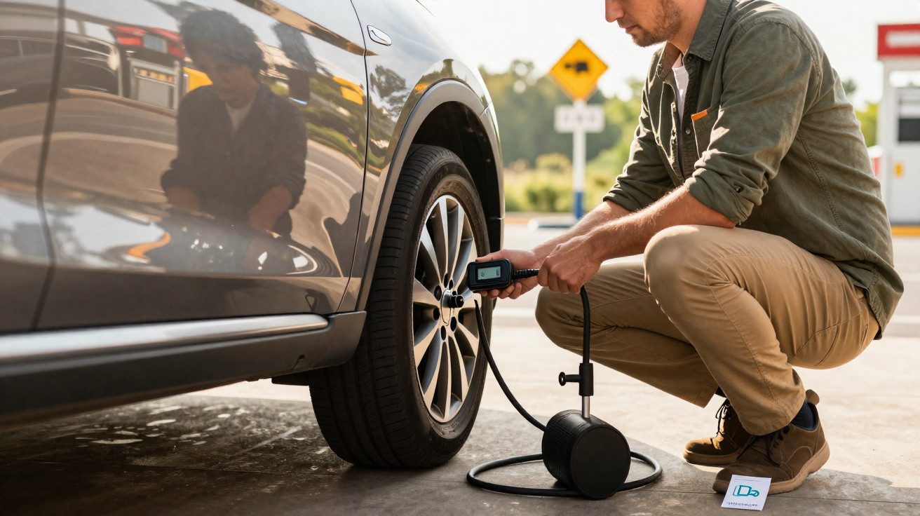 Man in green shirt and beige trousers checking car tyre pressure with a portable gauge at a petrol station.