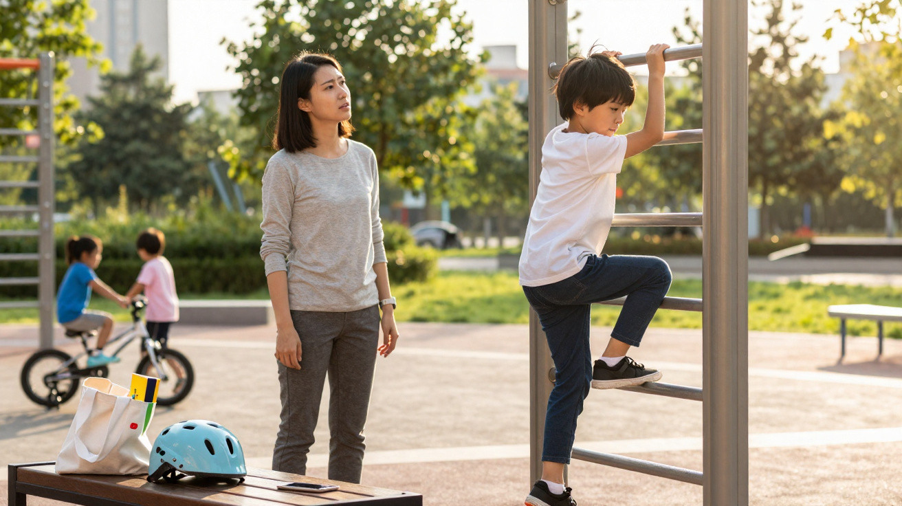 Child climbing a metal ladder at a park playground while a woman watches nearby on a sunny day.