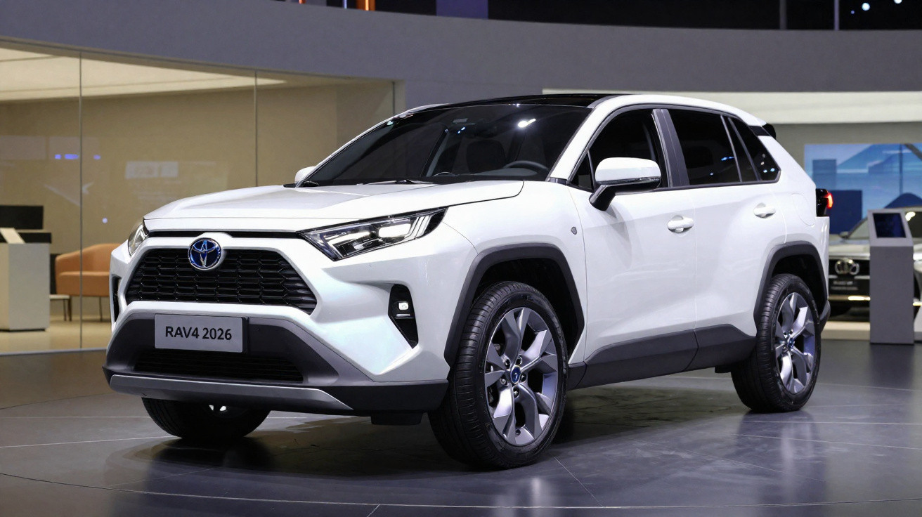 White 2026 Toyota RAV4 SUV displayed indoors with modern showroom background and polished floor.