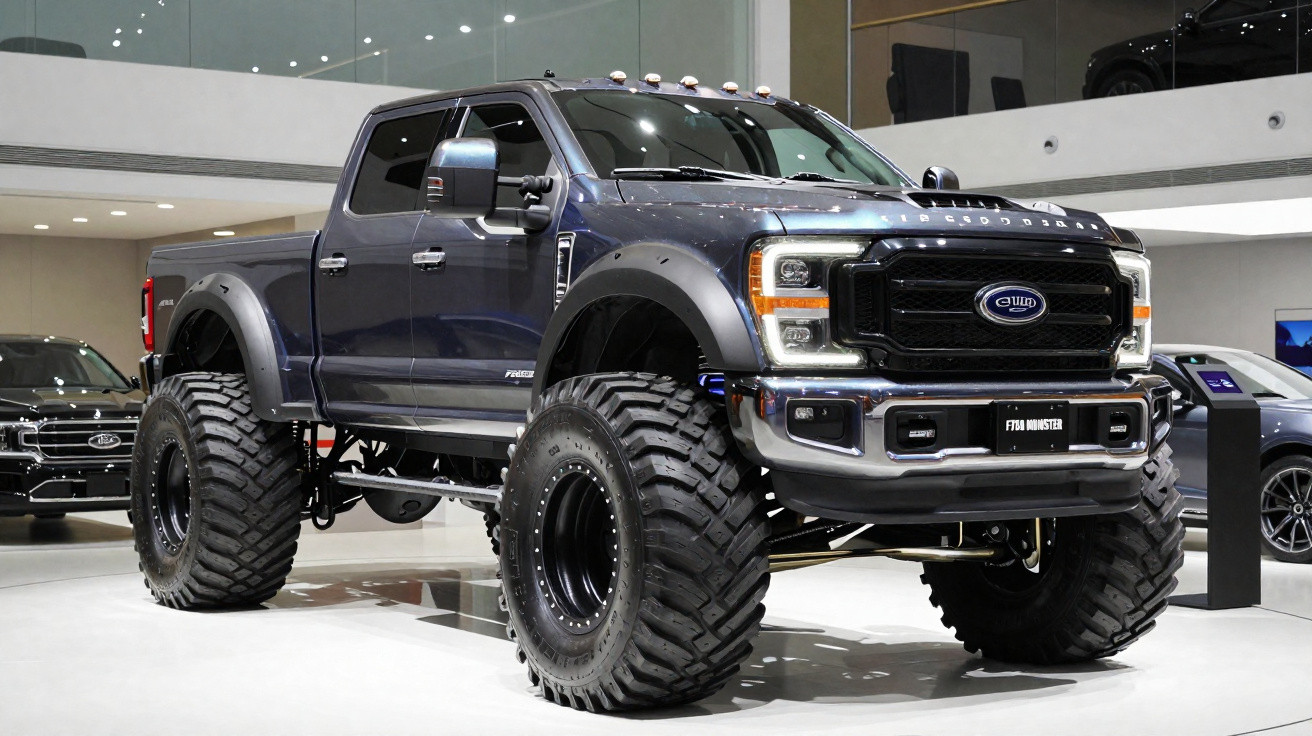 Large black lifted Ford F-Series pickup truck with oversized off-road tires displayed indoors.
