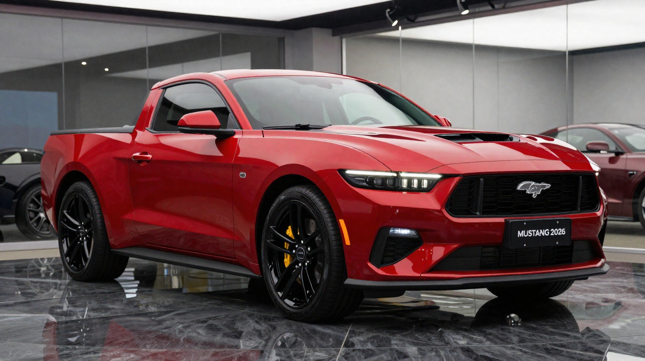 Red 2026 Ford Mustang pickup truck displayed indoors on glossy marbled floor with mirrors in background.