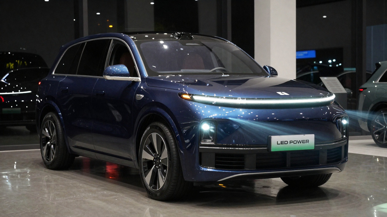 Blue electric SUV with LED headlights displayed indoors at night under showroom lights.