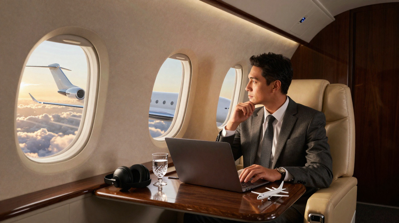 Businessman in a suit working on a laptop while looking out of a private jet window with another plane in view.