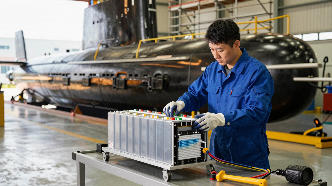 Technician in blue overalls working on battery pack in front of a submarine inside a maintenance facility.