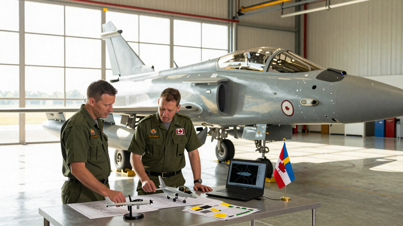 Two military personnel in uniform discussing model aircraft in a hangar with a fighter jet in the background.