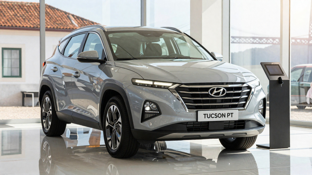 Silver Hyundai Tucson PT SUV displayed inside a bright showroom with large windows.
