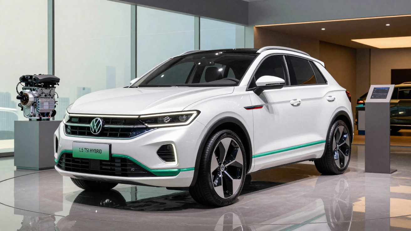 White Volkswagen 1.5 TSI Hybrid SUV displayed indoors with black roof and teal trim accents.