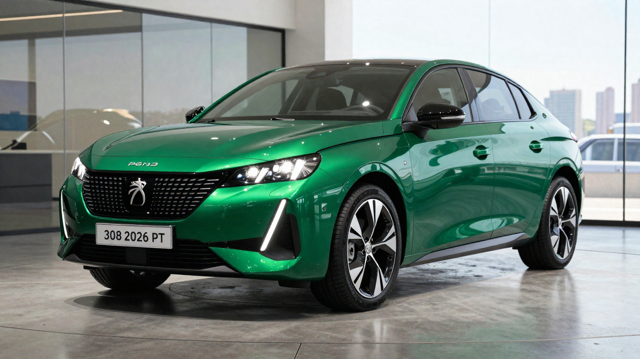 Green Peugeot 308 2026 PT hatchback displayed indoors with modern design and sleek headlights.