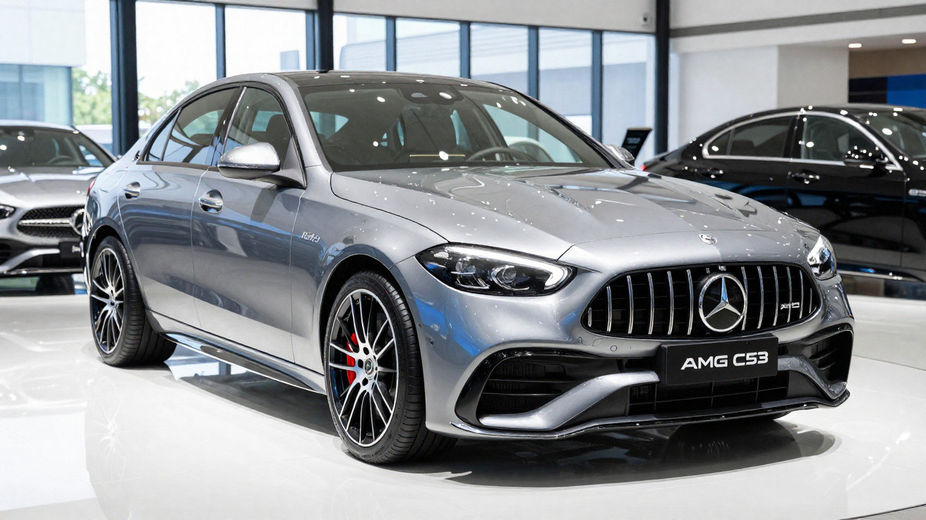 Silver Mercedes-Benz AMG C53 sedan displayed indoors in a showroom with polished floor and large windows.