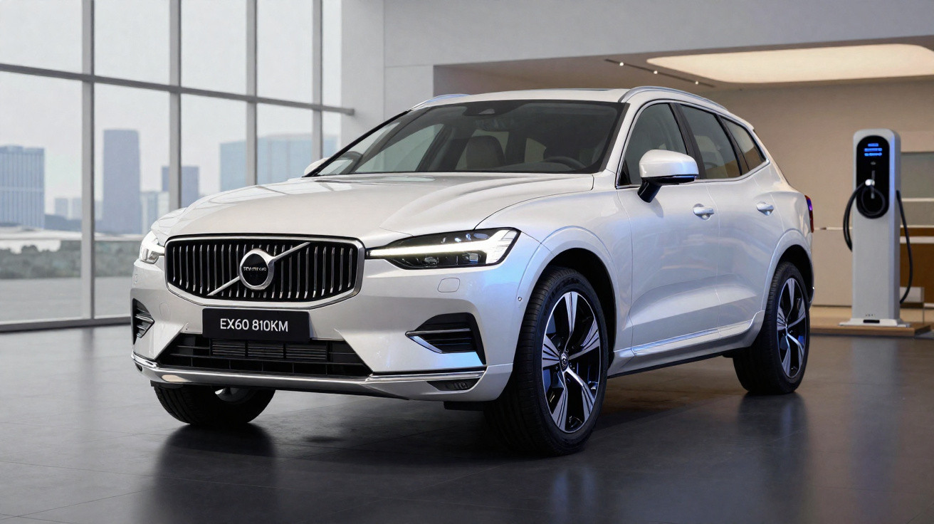 White Volvo EX60 electric SUV parked indoors near a charging station with large windows in the background.