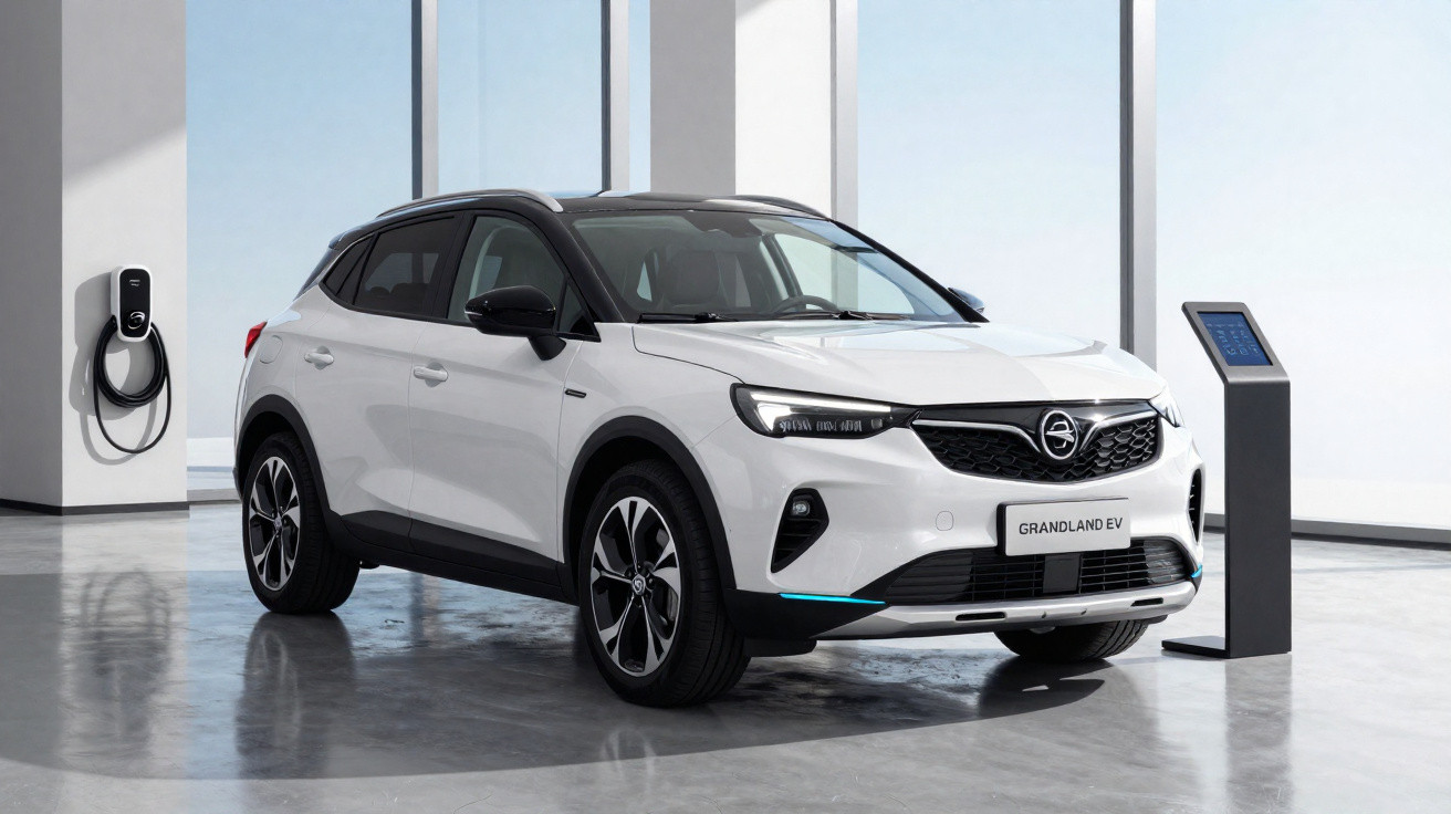 White Opel Grandland EV parked indoors beside a charging station and control kiosk on polished concrete floor.