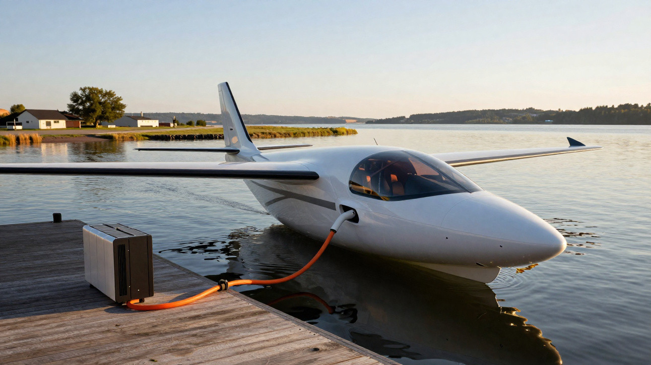 Sleek white seaplane docked at wooden pier, connected to an orange charging cable, on calm water at sunset.