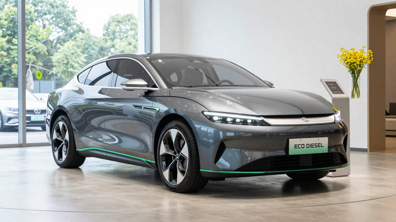 Sleek grey electric sedan displayed indoors with glossy finish, modern LED headlights, and "Eco Diesel" licence plate.