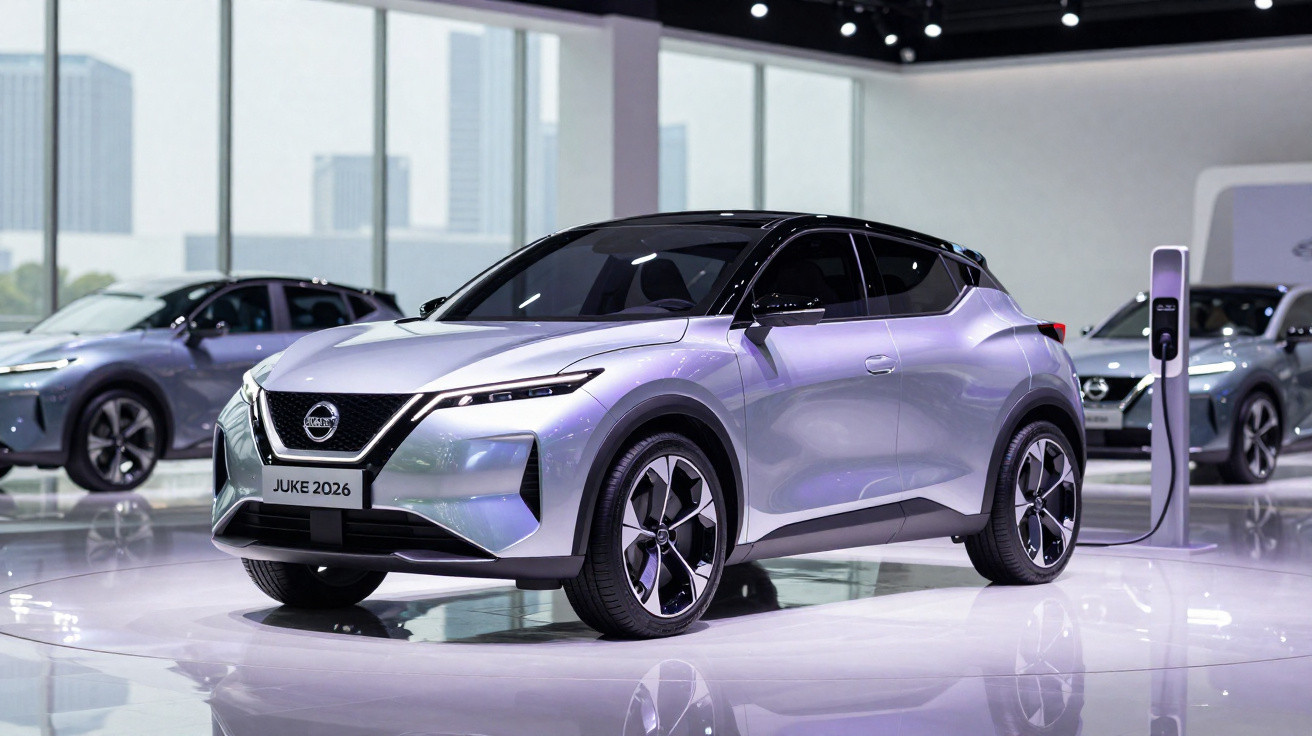 Silver Nissan Juke 2026 electric car on display at an exhibition, connected to a charging station.