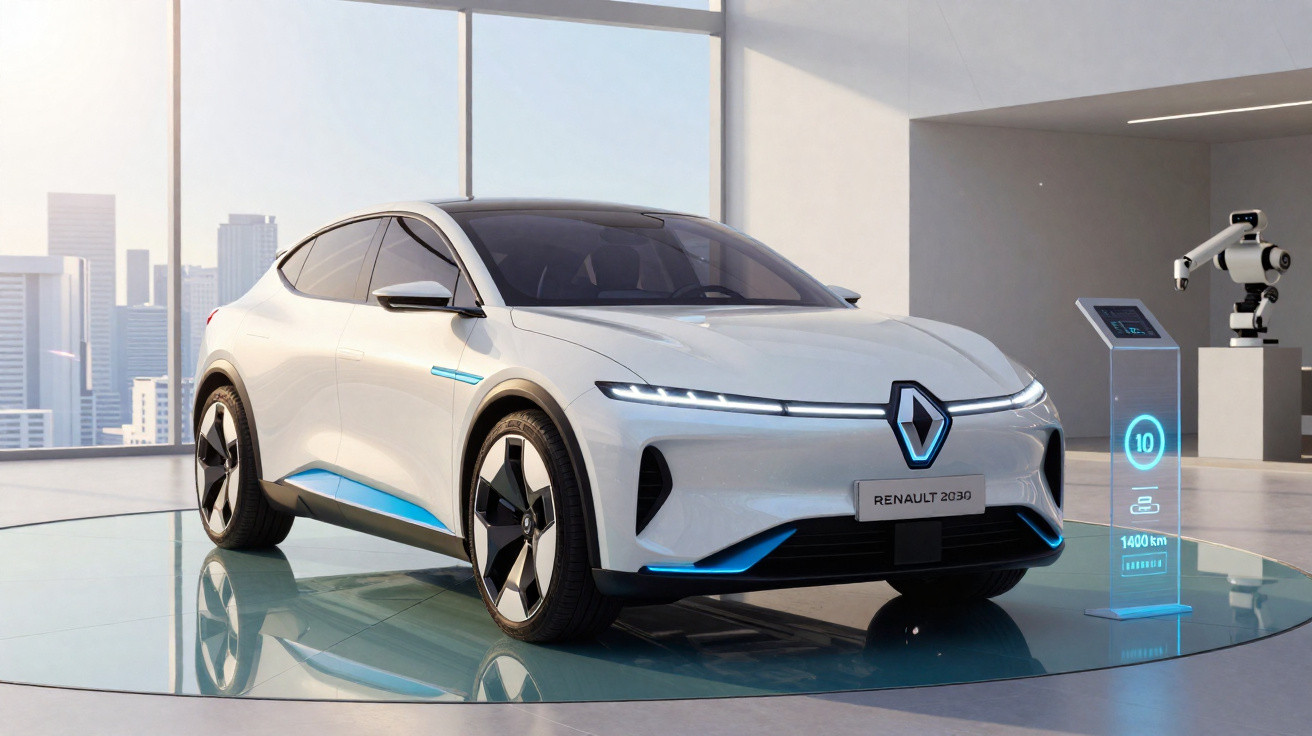 White Renault 2030 futuristic electric car displayed on a glass platform inside a modern showroom.