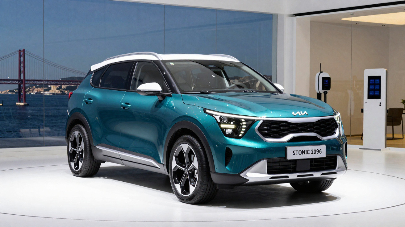 Teal Kia Stonic 2096 SUV on display in showroom with cityscape and suspension bridge in background.
