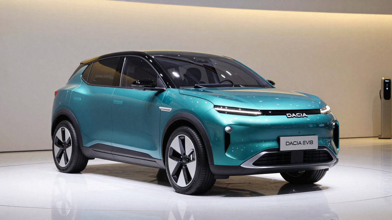 Teal Dacia EV8 electric SUV displayed in a showroom with sleek modern design and black roof detailing.