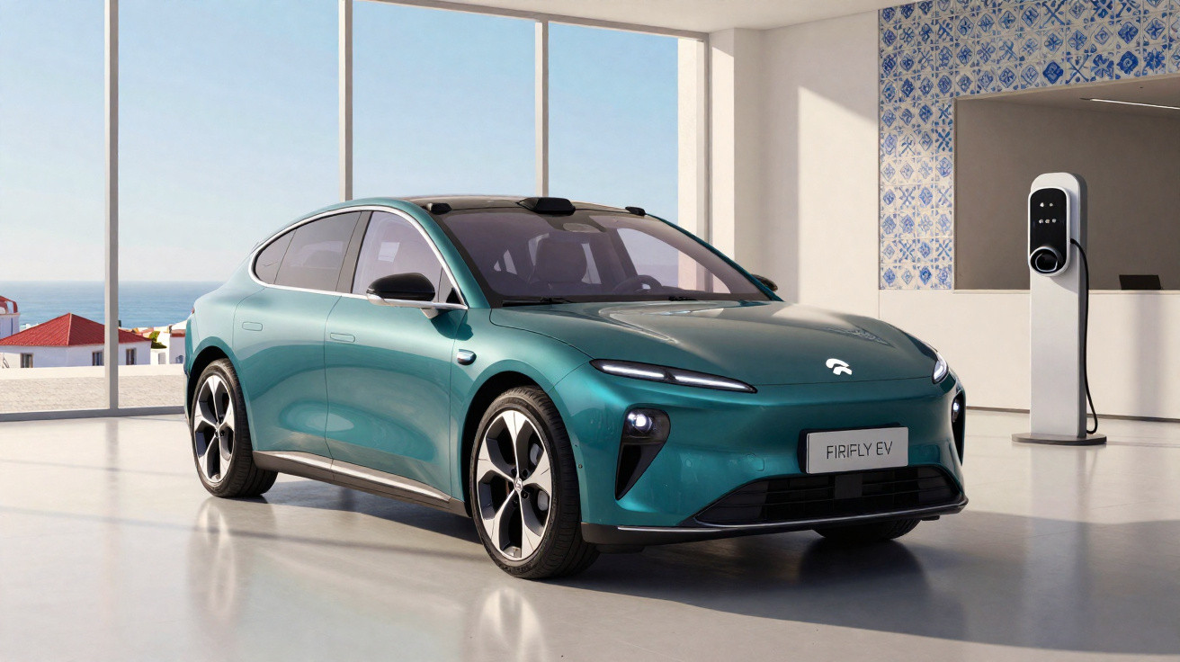 Teal electric sedan parked indoors near a charging station with large windows showing a coastal view.