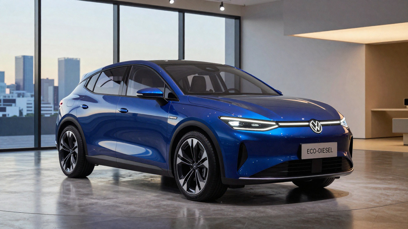 Blue Volkswagen eco-diesel electric vehicle parked indoors with city skyline visible through large windows.