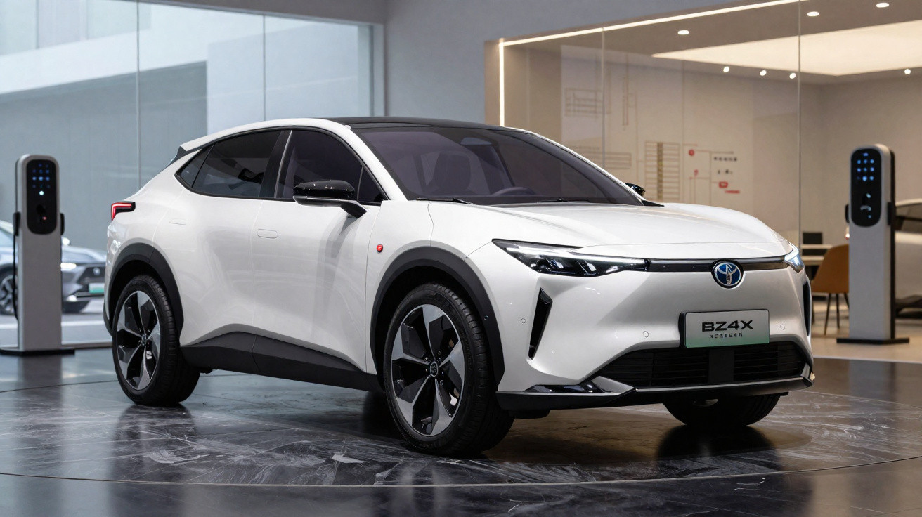 White Toyota bZ4X electric SUV on display indoors with sleek design and black roof detailing.